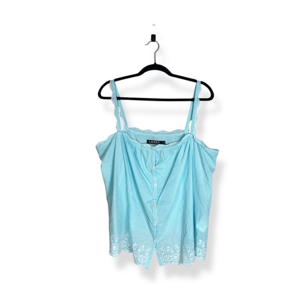 Lauren Ralph Lauren Sky Blue Plaid Embroidered Scalloped Button Up Tank Top - Picture 2 of 5